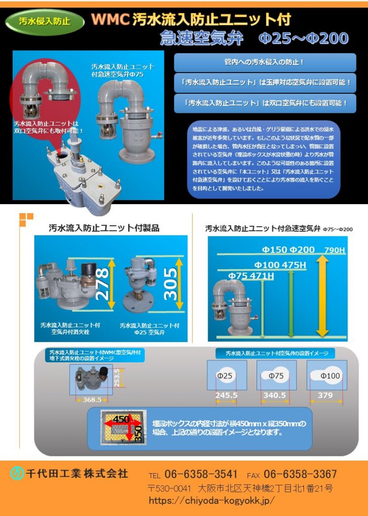 WMC 汚水流入防止ユニット付急速空気弁
Φ25～Φ200
7.5K（2種）～16K（4種）
道路が冠水する程の水害等の際、配水管の一部が破損した場合、管内水圧が負圧となって、管路に設置されている空気弁から管内に雨水等が、流入する恐れがあります。そのような場合、本汚水流入防止ユニット付空気弁であれば、雨水等の侵入を防止することが可能です。
汚水流入防止ユニットは、「玉押し対応急速空気弁・旧JIS B 2063双口空気弁（大・小）」にも、設置可能です。
水道用急速空気弁は直接的に水道管を維持管理します。「消火栓」や「仕切弁」は水道管を直接維持管理するものではないのに対して、空気弁は水道管内のエアーを必要に応じて吸排を自動で行います。例えば水道管が破損等を起こして、破損個所から水が勢いよく漏水する場面をTVなどで見かけたことはないでしょうか？このような状況では水道管内に負圧作用で真空状態が生まれ、その状態で道路上で重いトラックなどが通ったりした際に、水道管が「ぺしゃんこ」（紙パックのジュースをストローで飲み切った後も、更に吸い続けると紙パックが「へしゃげる」現象と同じ）になるイメージで2次災害につながる恐れがあります。こういった真空状態を避けるために、空気弁は吸気を行い、水道管の破損を未然に防いでいます。排気は、例えば断水した状態で水道管の工事を終え、通水する時に空気弁からエアーの排気が行わなければ、通水作業がスムーズに行うことができないといったことが空気弁があることによって、水道管、ひいてはライフラインを守っています。図面PDF、図面CADを御用意しています。